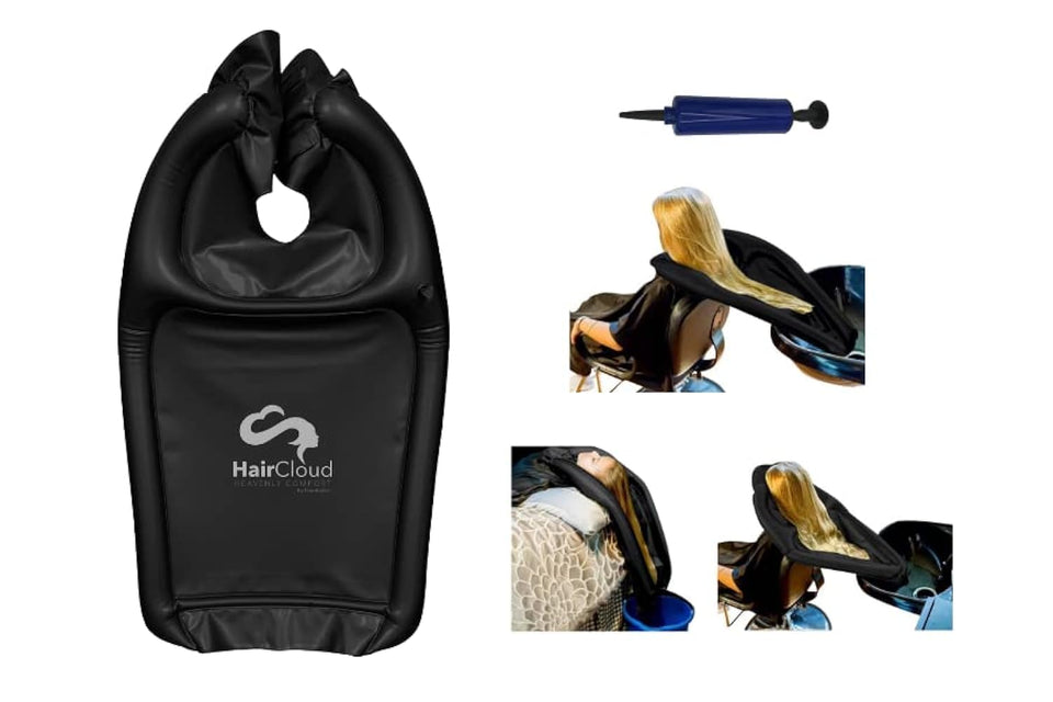 Portabelles inflatable shampoo funnel cape with adjustable neck straps for a secure fit.
