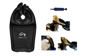Portabelles inflatable funnel cape directs water into the sink, helping keep clothes dry.