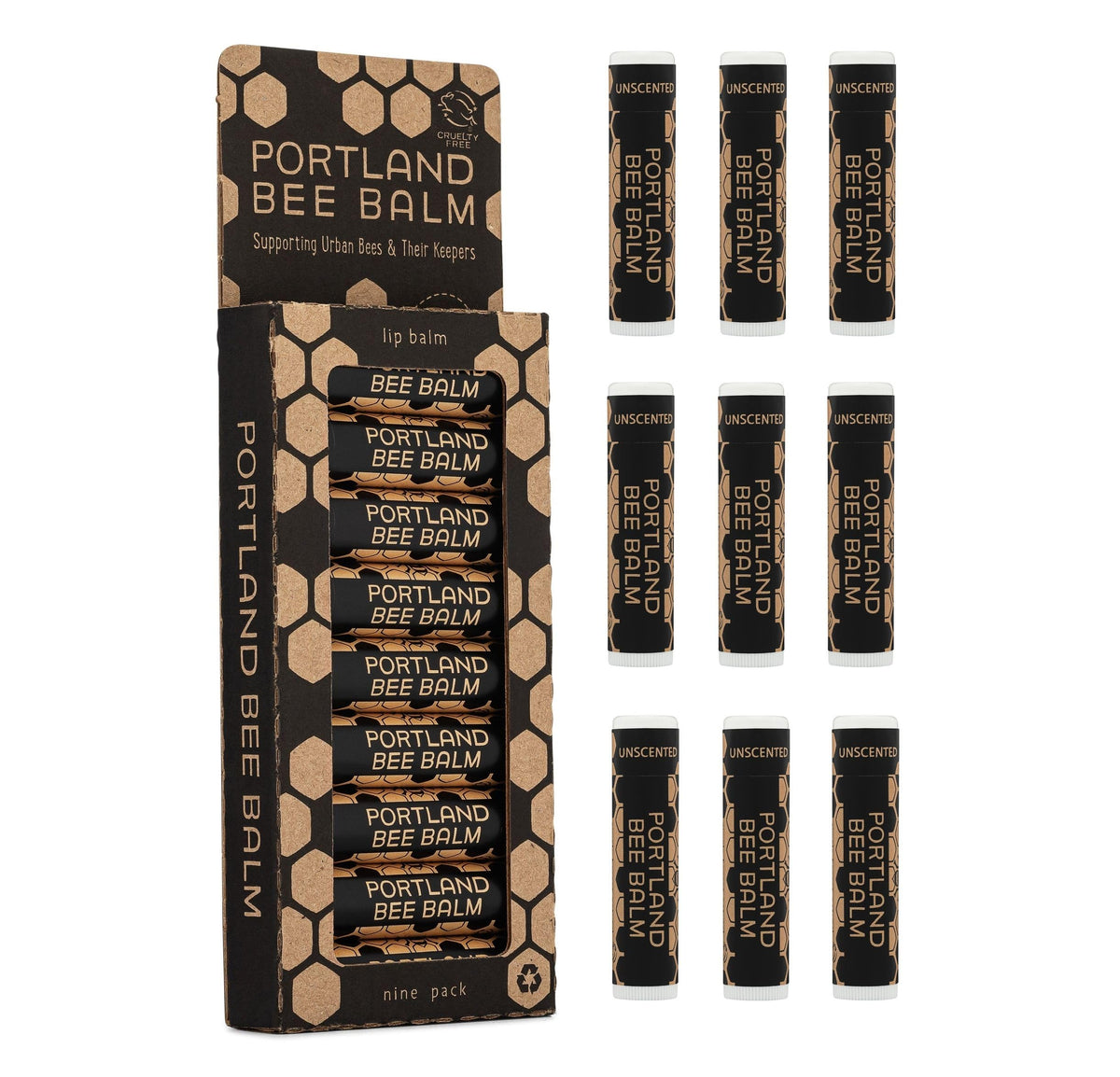 Portland Bee Balm unscented lip balm tube closeup shows pure beeswax moisture