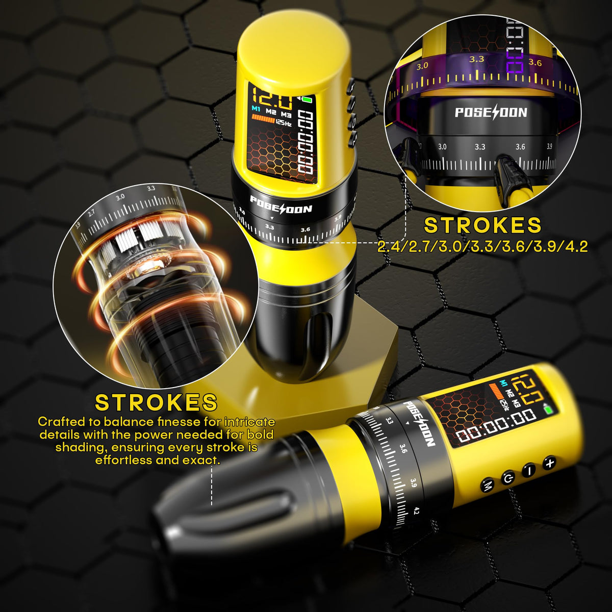 POSEIDON dual 1800mAh batteries for extended cordless sessions.