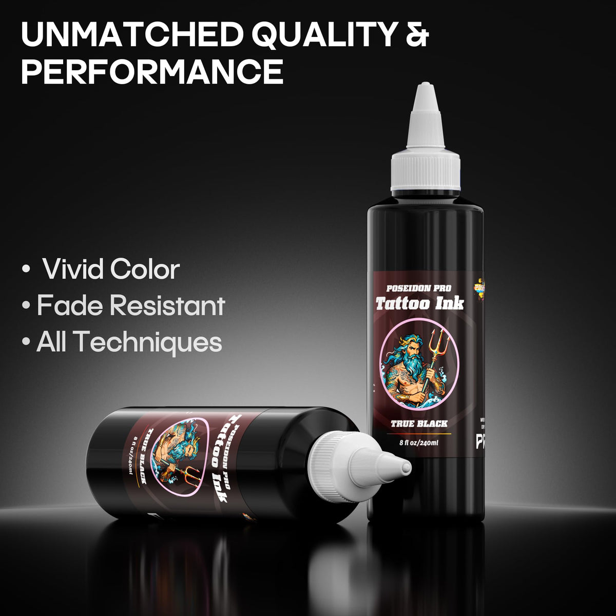 POSEIDON black ink bottle pour close-up shows controlled flow for outlining.