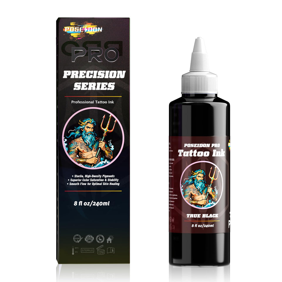 POSEIDON professional black tattoo ink bottle ready for precise outlining on real skin.