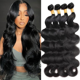 Poshbash body wave bundles 14-inch close-up showing natural texture and easy styling options.
