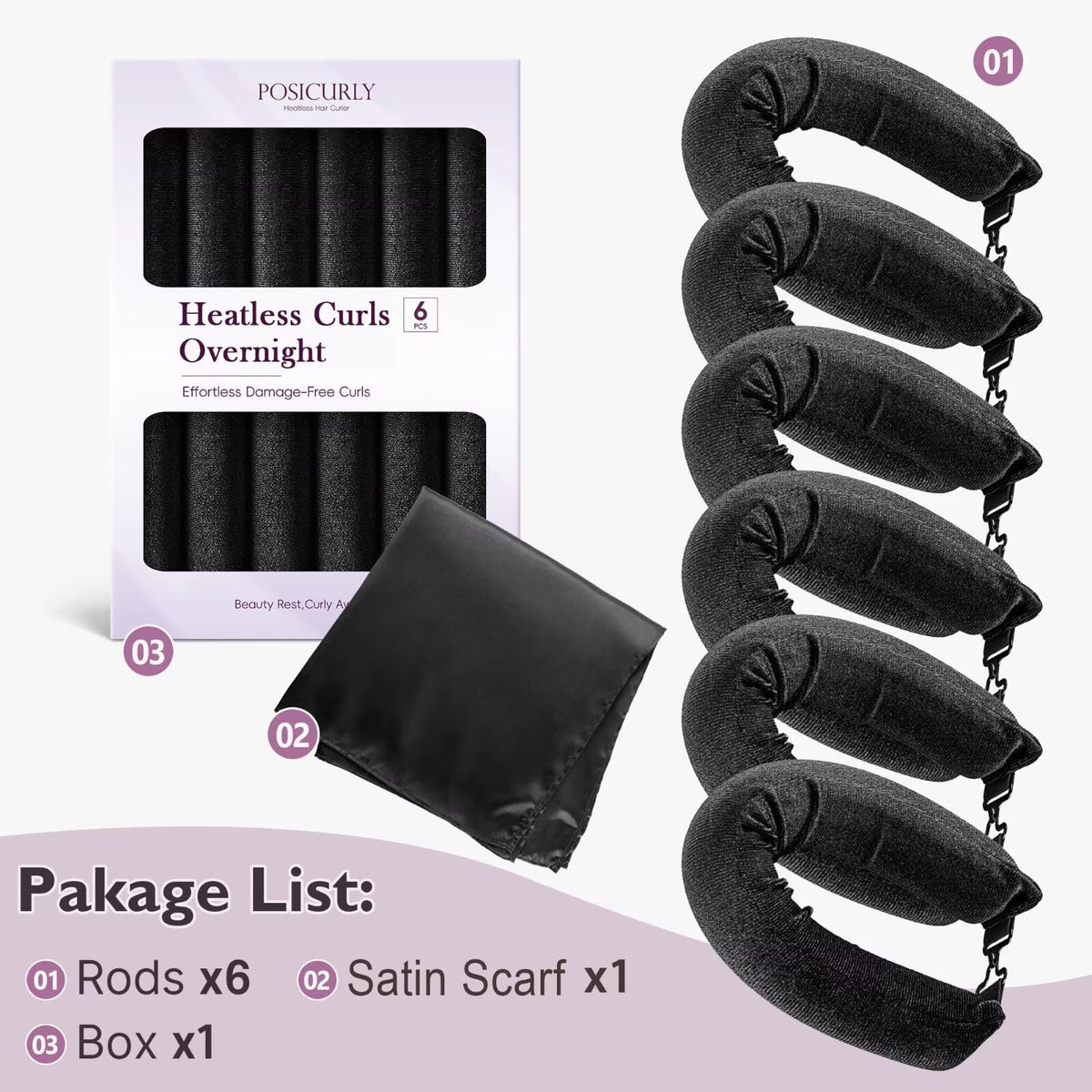 Posicurly six-piece heatless curler set includes satin scarf