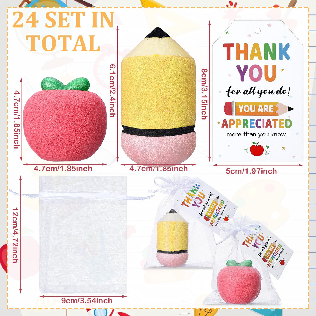 Potchen pencil-shaped bath bomb adds a playful, learning-themed touch.