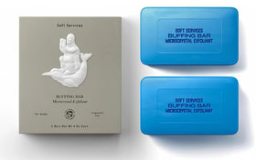 Pousutong Buffing Bar packaging close-up showing fragrance-free exfoliation for smoother skin