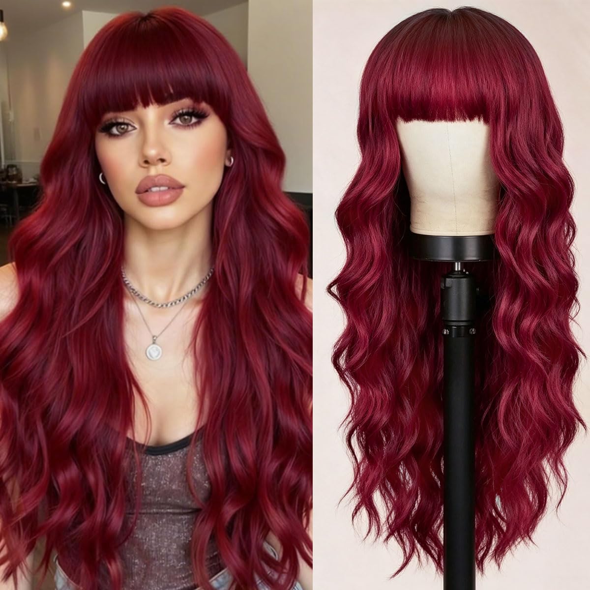 POUWENEY Burgundy Wig with Bangs closeup shows long 26-inch waves for everyday style
