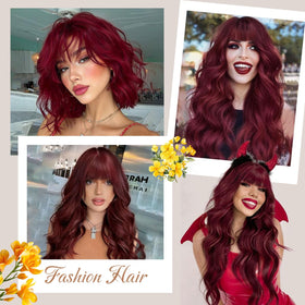 POUWENEY Burgundy Wig with Bangs modeling shot demonstrates versatile event-ready looks