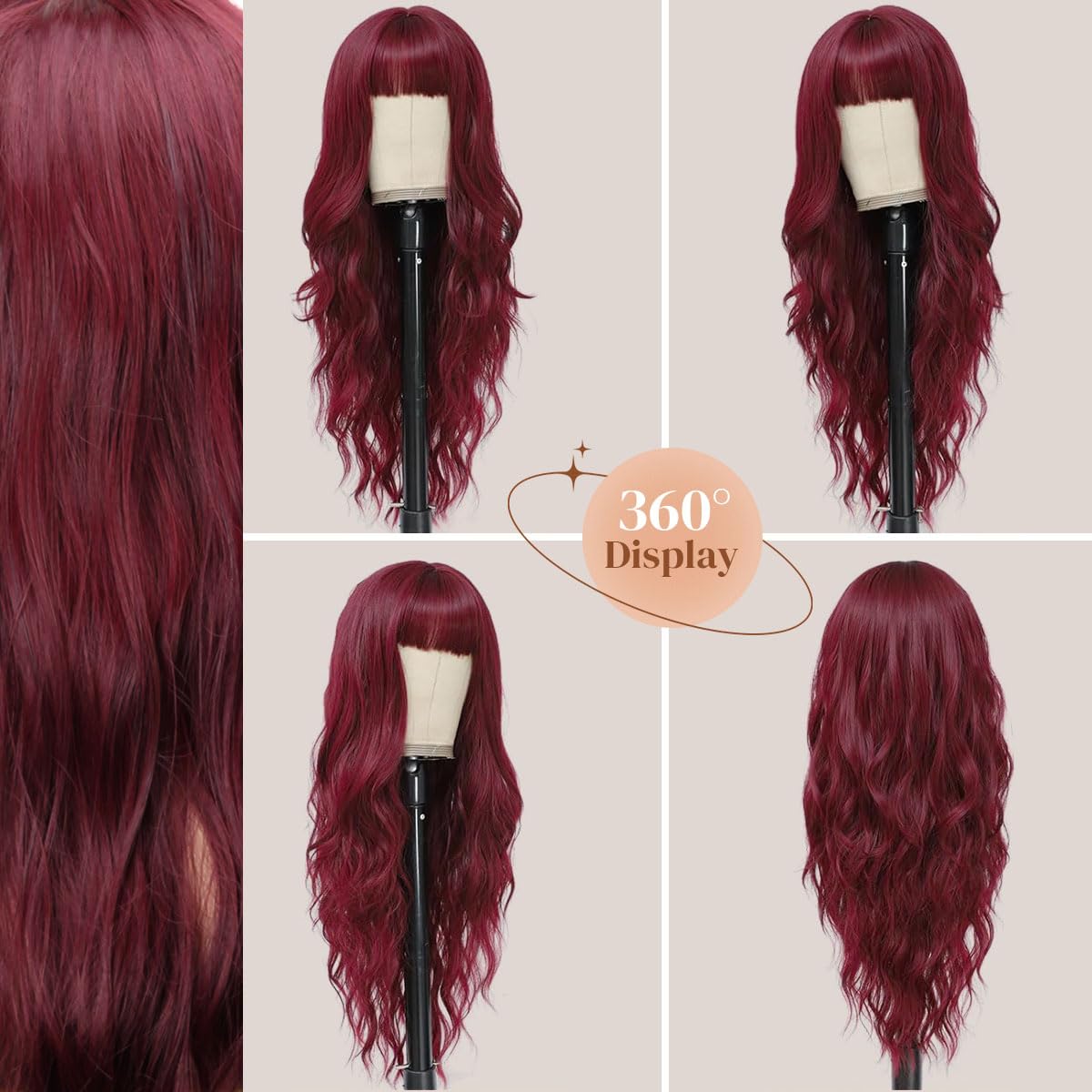 POUWENEY Burgundy Wig closeup highlights lightweight, comfortable synthetic hair