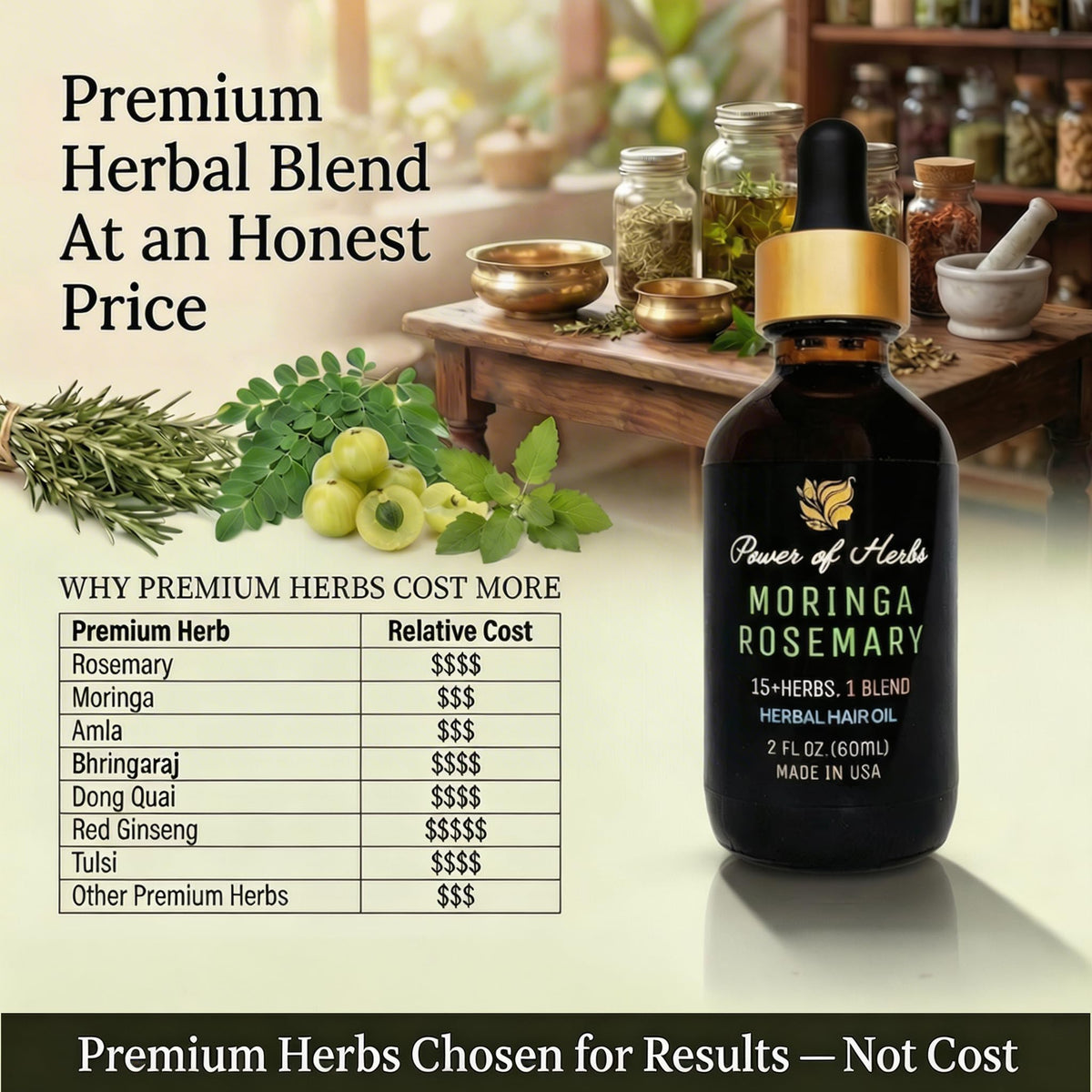 Power of Herbs Herbal blend close-up highlighting 15+ botanicals.