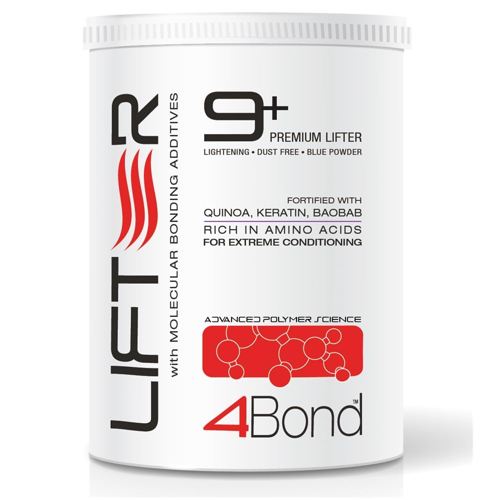 PowerTools 4BOND lightener bottle showing blue-based formula for even lift