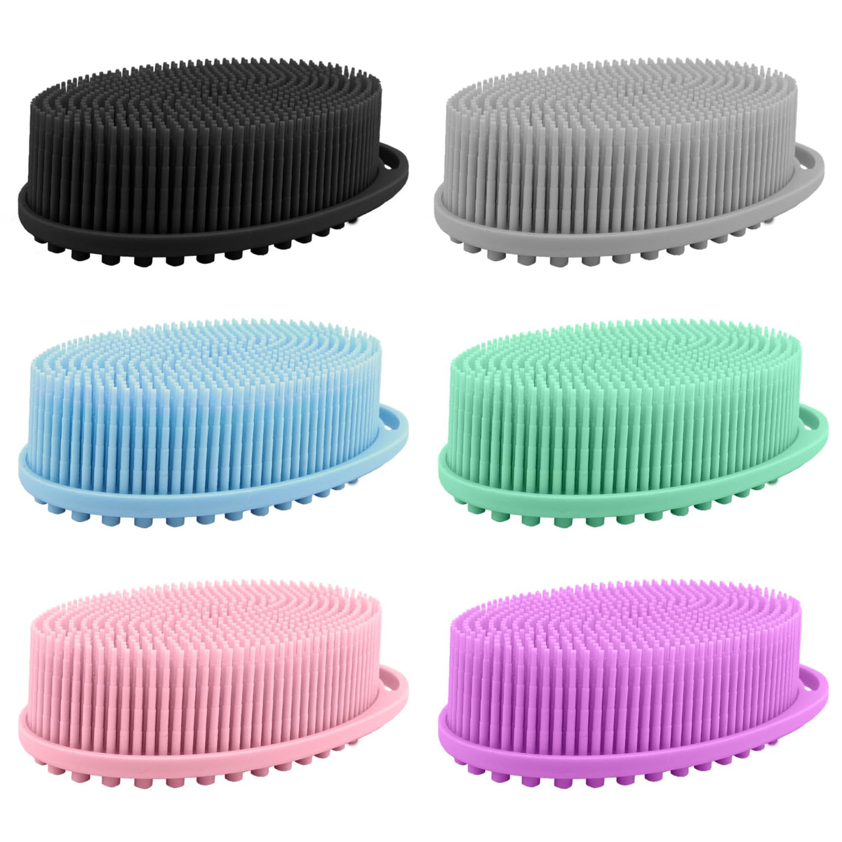 PQRUU six-pack silicone body scrubber in black for deep cleansing and quick drying.