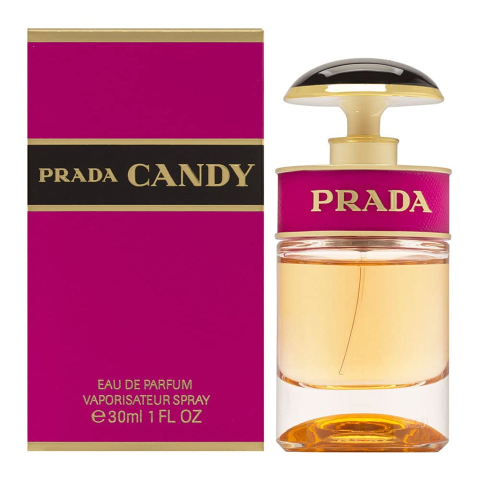 Prada Candy Eau de Parfum bottle showcases warm amber vanilla notes for everyday wear.