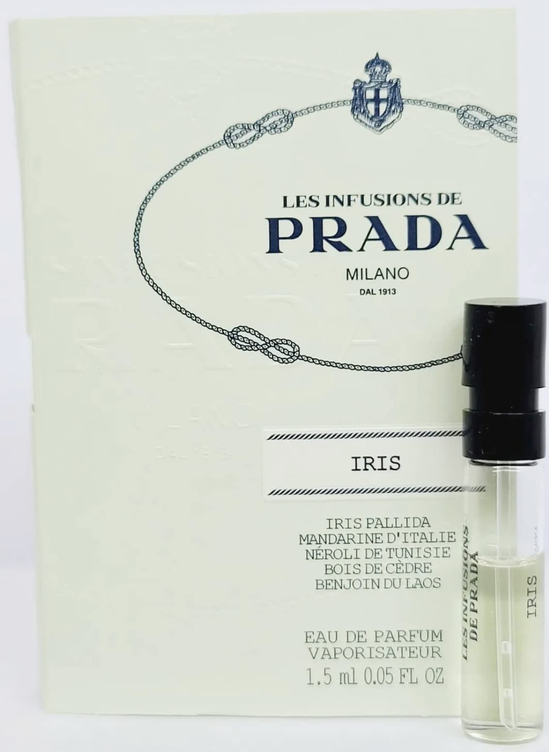 Prada Infusion d'Iris packaging box highlighting premium branding and travel-friendly presentation
