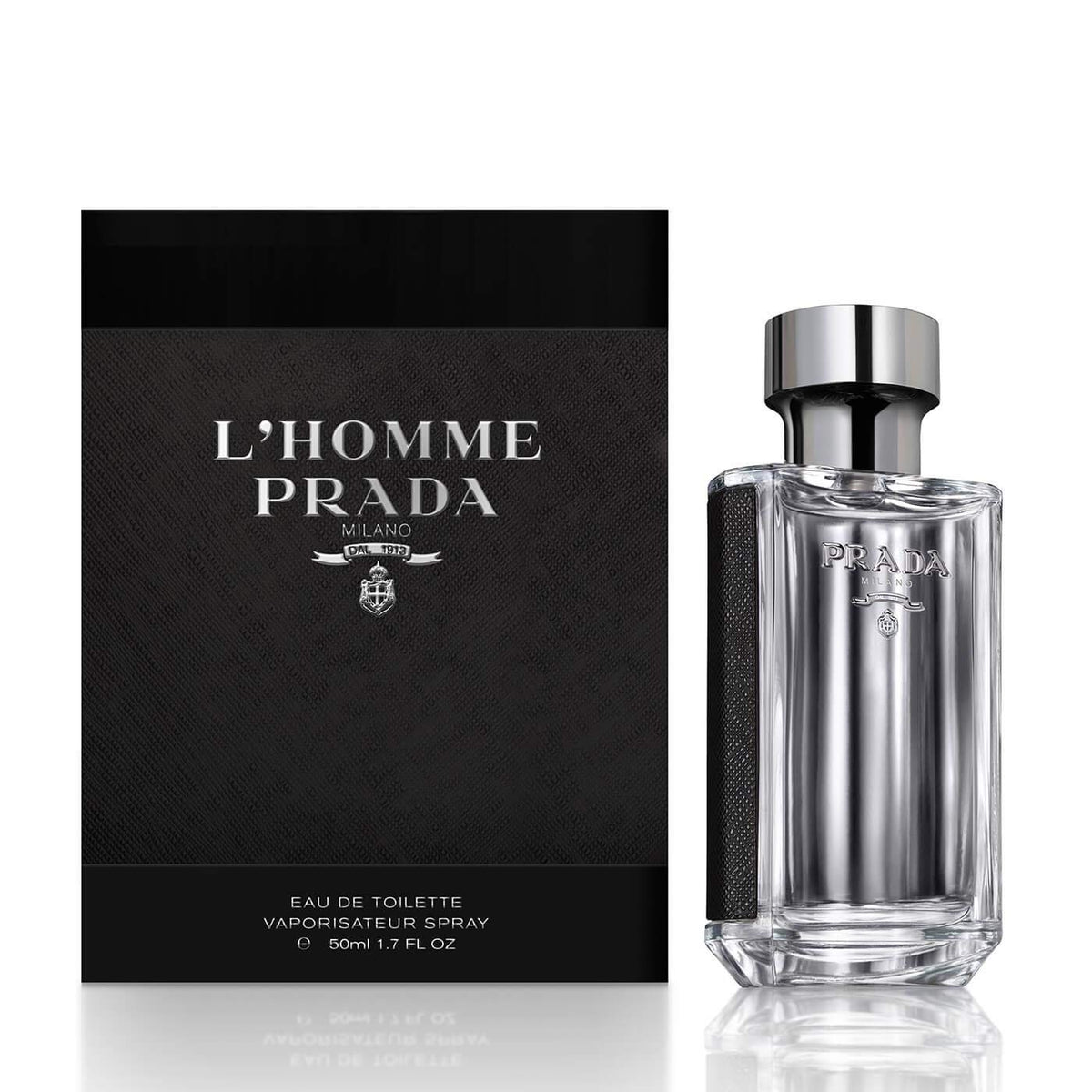 Prada L'Homme Eau de Toilette spray bottle for men, versatile daily fragrance option.
