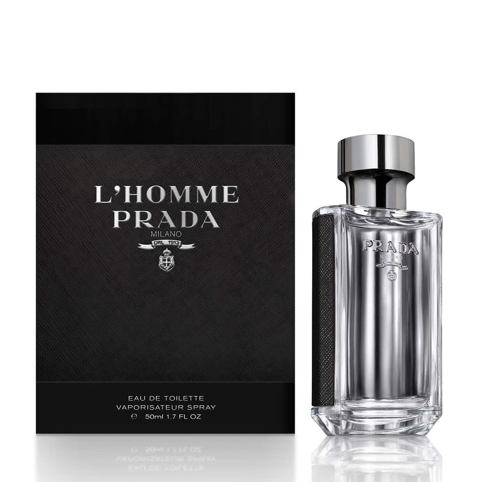 Prada L'Homme Eau de Toilette spray bottle for men, versatile daily fragrance option.