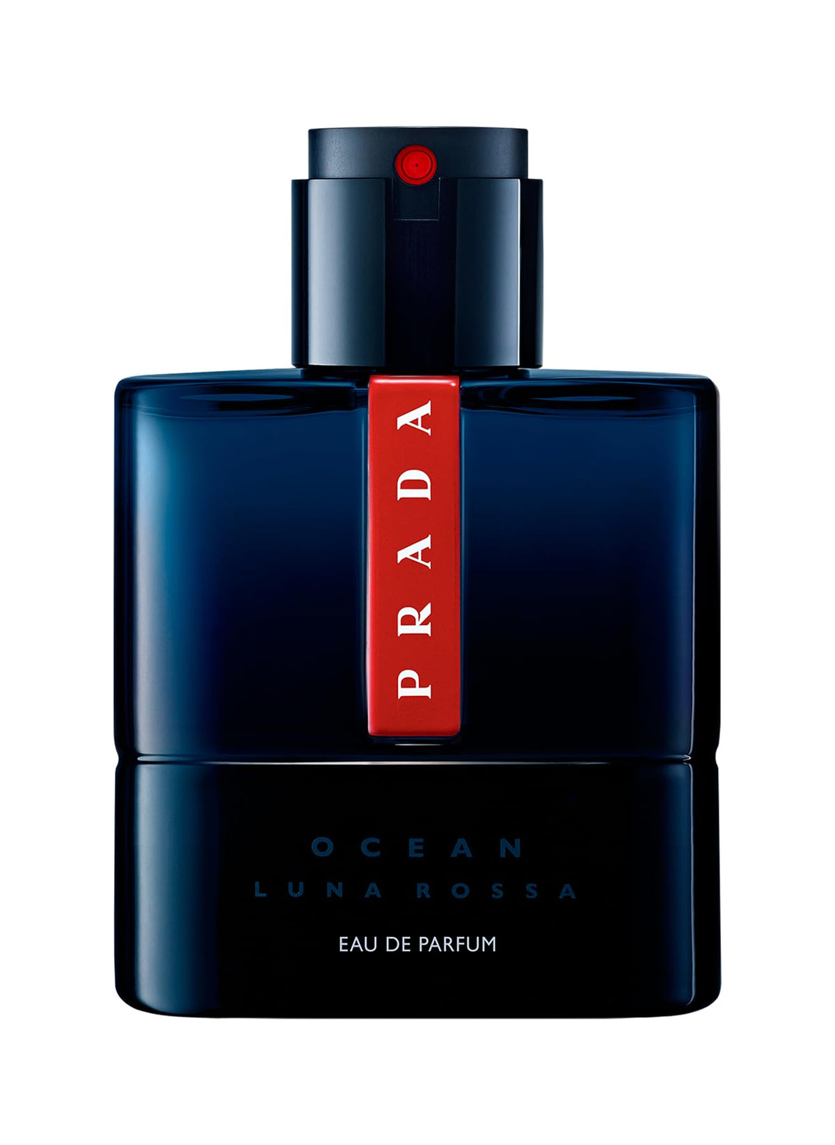 Prada Luna Rossa Ocean bottle close-up highlighting fresh bergamot notes.