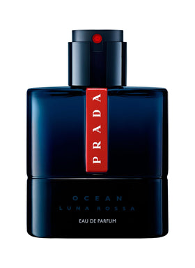 Prada Luna Rossa Ocean bottle close-up highlighting fresh bergamot notes.