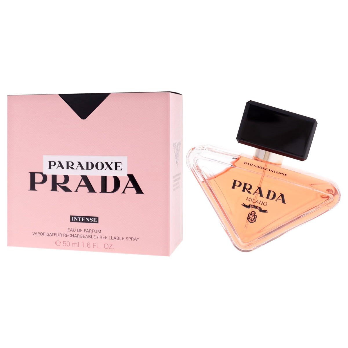 Prada Paradoxe Intense box packaging shown for gifting and unboxing appeal.