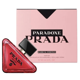 Prada Paradoxe Radical Essence bottle side view; elegant design for refinement and on-the-go scent.
