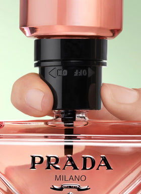 Refillable Prada Paradoxe Virtual Flower bottle close-up showcasing sustainable luxury