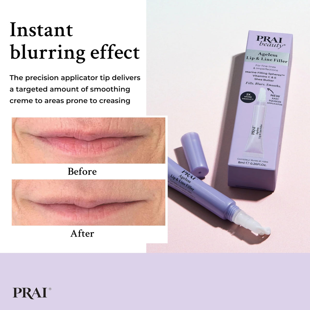 PRAI Beauty prevents lip feathering for clean lipstick application.