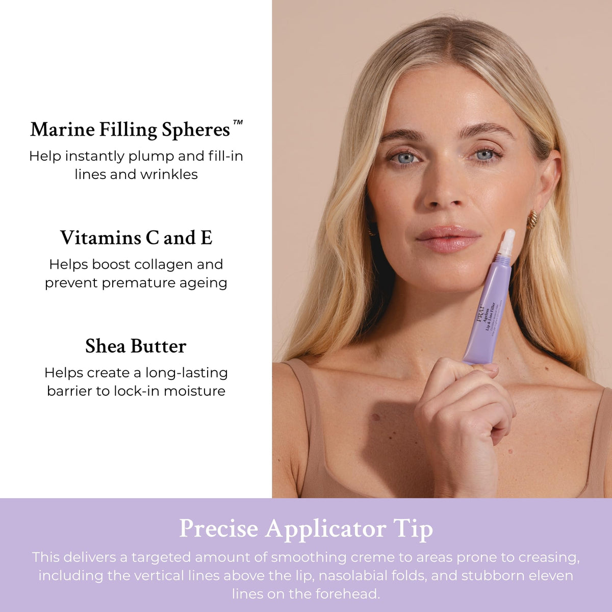 PRAI Beauty vertical lip line filler targets fine lines for refined contour.