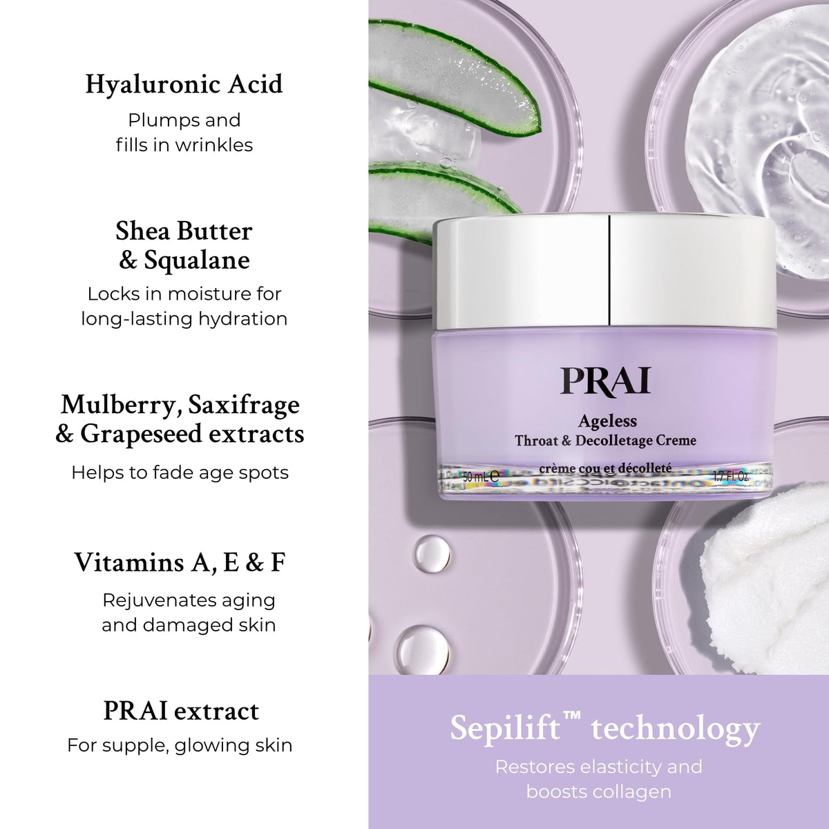 PRAI Neck Creme with hyaluronic acid delivers lasting moisture.