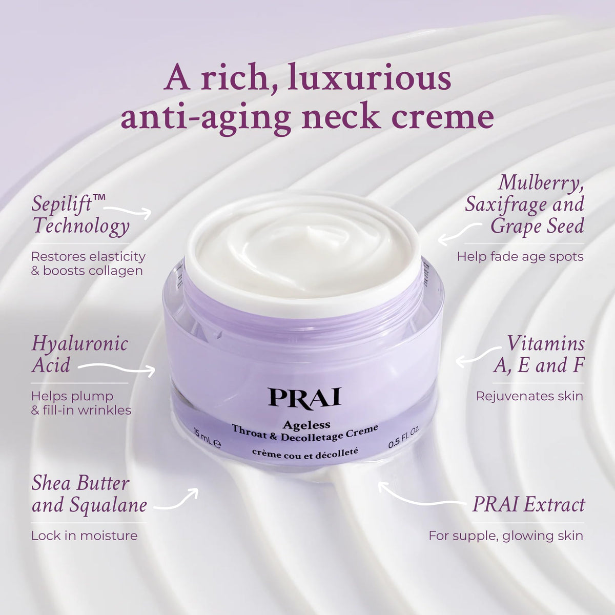PRAI Neck Creme hyaluronic-hydration image emphasizes moisture-rich formula.