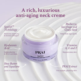 PRAI Neck Creme hyaluronic-hydration image emphasizes moisture-rich formula.