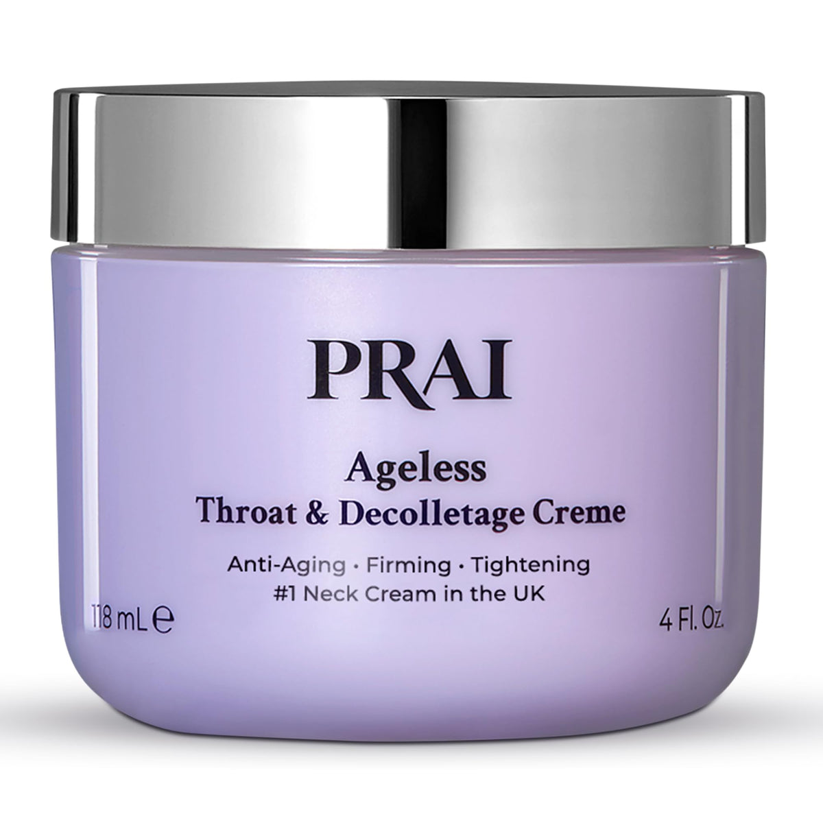 PRAI Neck Creme bottle close-up showing tightening action for firmer skin.
