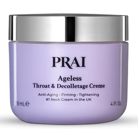 PRAI Neck Creme bottle close-up showing tightening action for firmer skin.