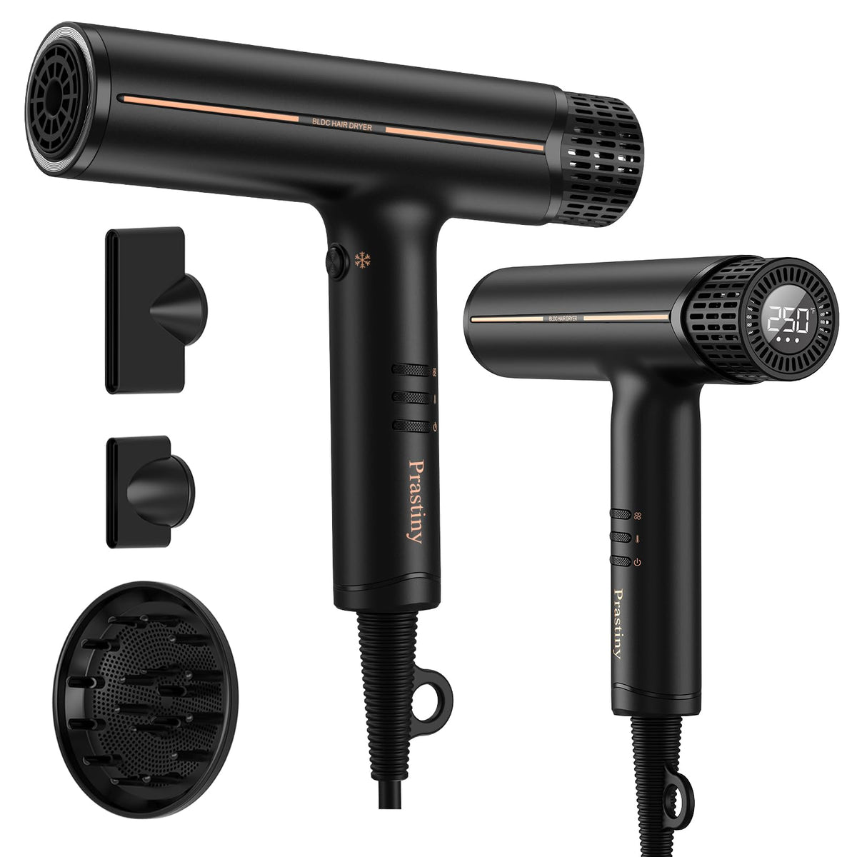 Prastiny hair dryer with diffuser front view promises fast, frizz-free styling.
