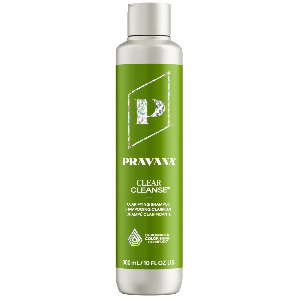 Pravana Clear Cleanse bottle pour shows mineral buildup removal for color-treated hair.