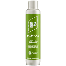 Pravana Clear Cleanse bottle pour shows mineral buildup removal for color-treated hair.