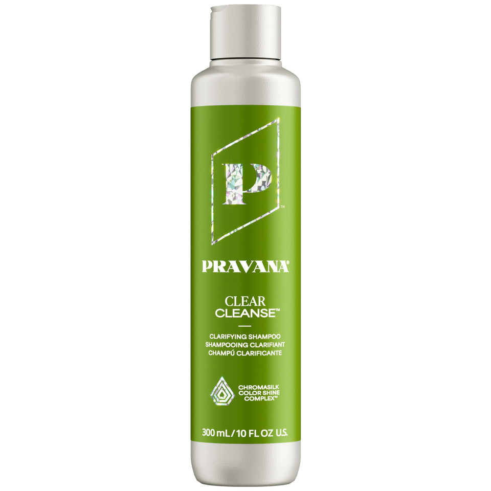 Pravana Clear Cleanse bottle pour shows mineral buildup removal for color-treated hair.