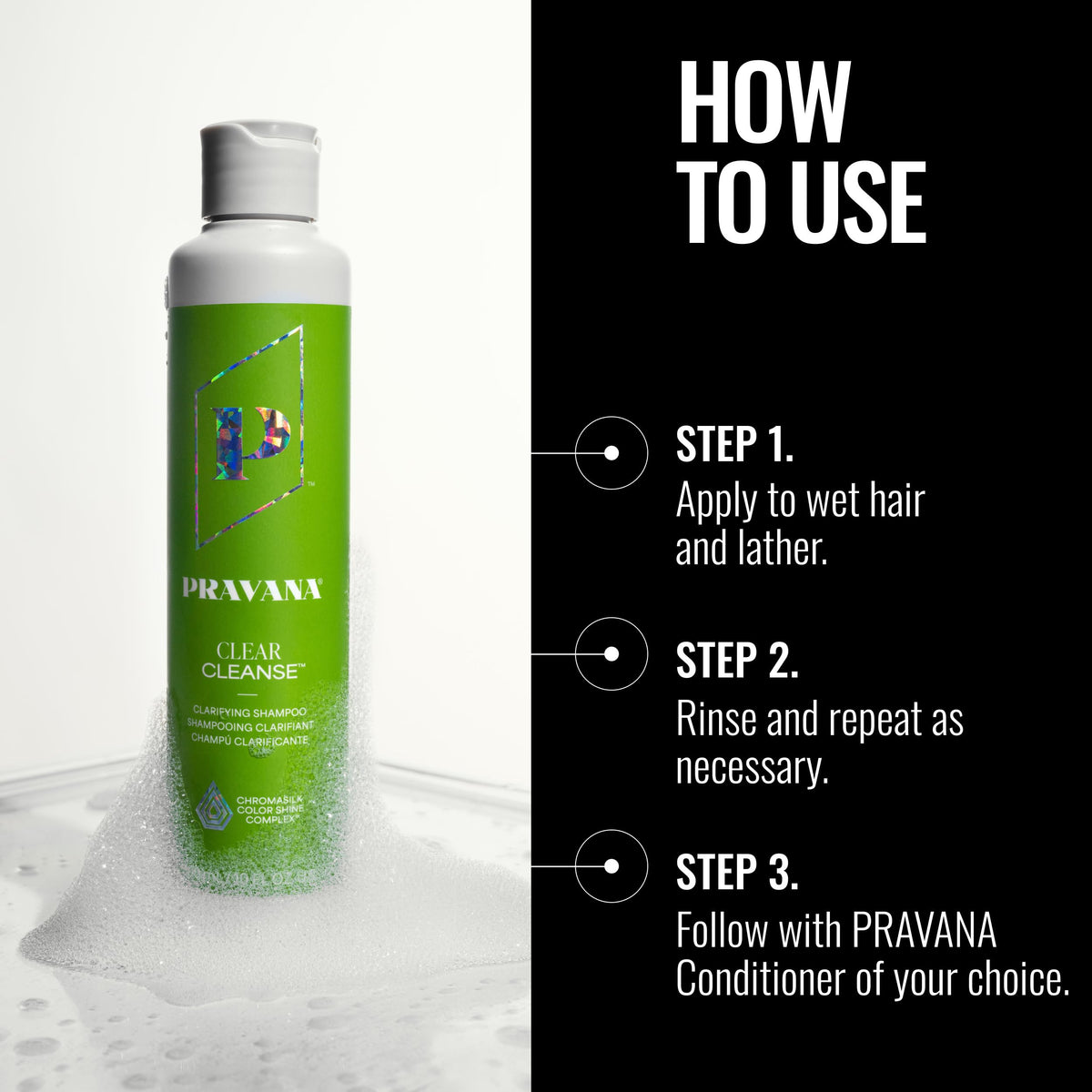 Pravana Clear Cleanse wash shows refreshed, brighter color-treated hair after use.