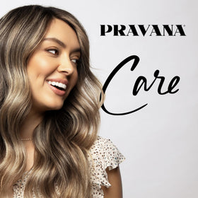 PRAVANA Purify & Revive shampoo bottle in bathroom scene with mineral removal action.