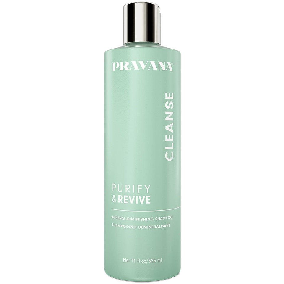 PRAVANA Purify & Revive shampoo bottle being poured to dissolve mineral deposits.
