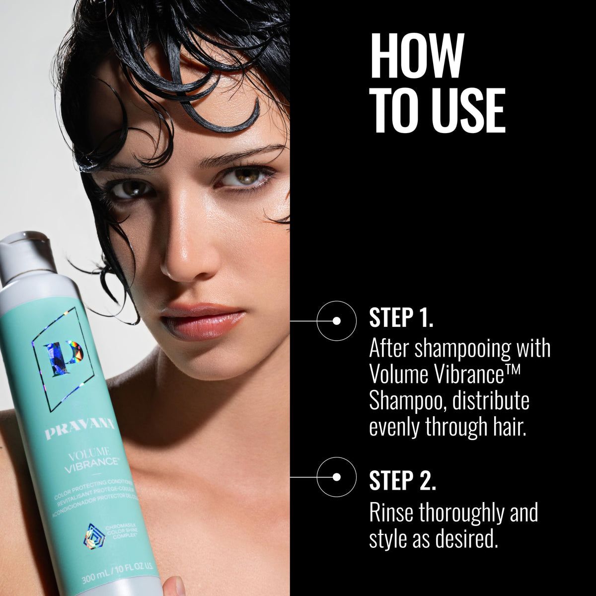 Pravana Volume Vibrance Conditioner hair-shine close-up reveals subtle gloss