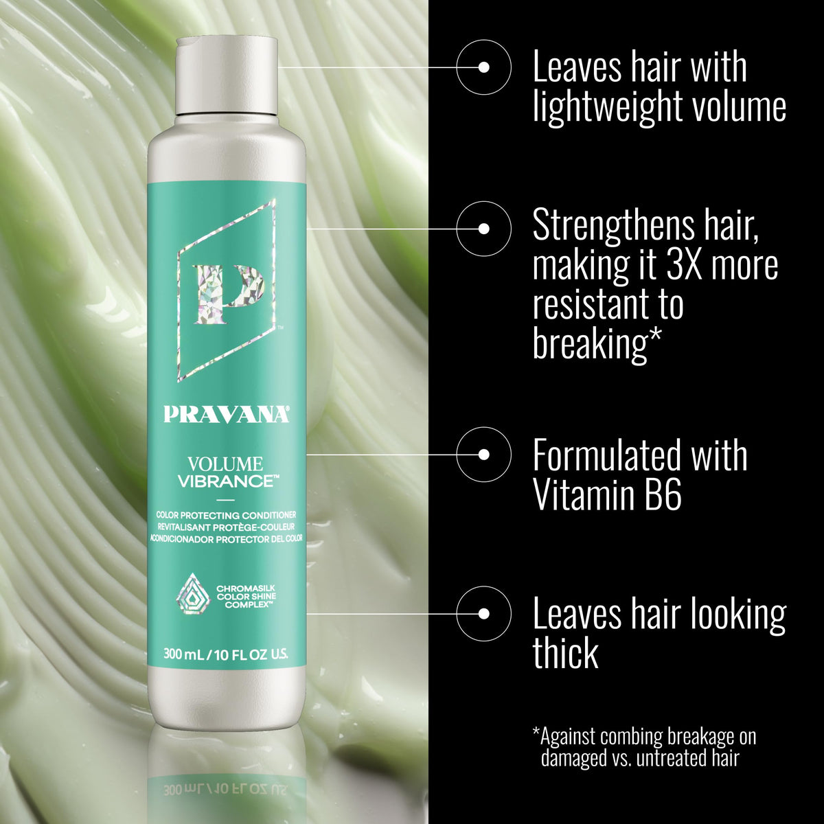 Pravana Volume Vibrance Conditioner label close-up shows color-safe formula