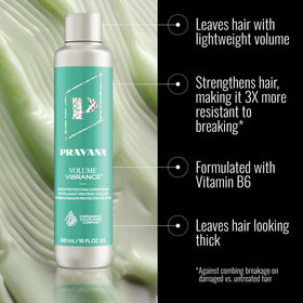 Pravana Volume Vibrance Conditioner label close-up shows color-safe formula
