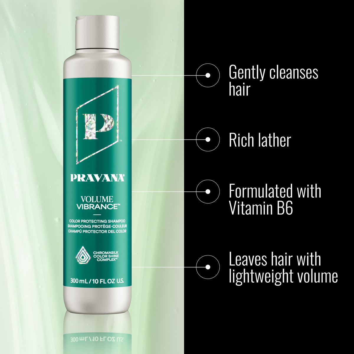 Pouring Pravana Volume Vibrance Shampoo showing lightweight cleansing