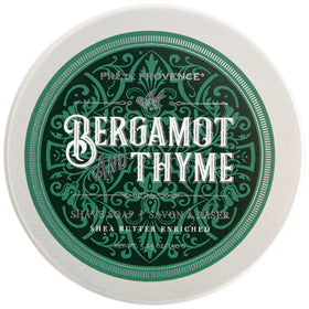 Pre de Provence bergamot and thyme shave soap tin showing rich lather for a smooth shave.
