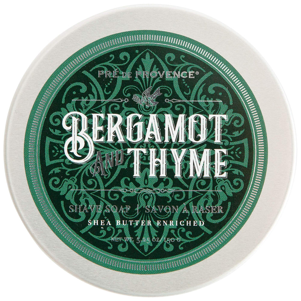 Pre de Provence bergamot and thyme shave soap tin showing rich lather for a smooth shave.