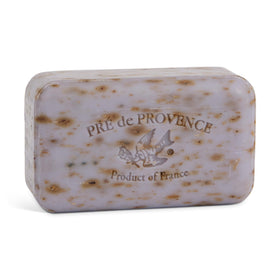 Pre de Provence lavender soap bar close-up shows rich lather and moisturizing benefits.