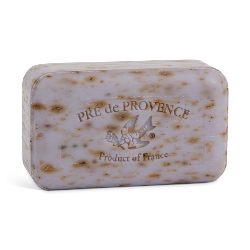 Pre de Provence lavender soap bar close-up shows rich lather and moisturizing benefits.