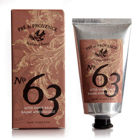Pre de Provence No.63 after shave balm bottle closeup, smooth post-shave care.