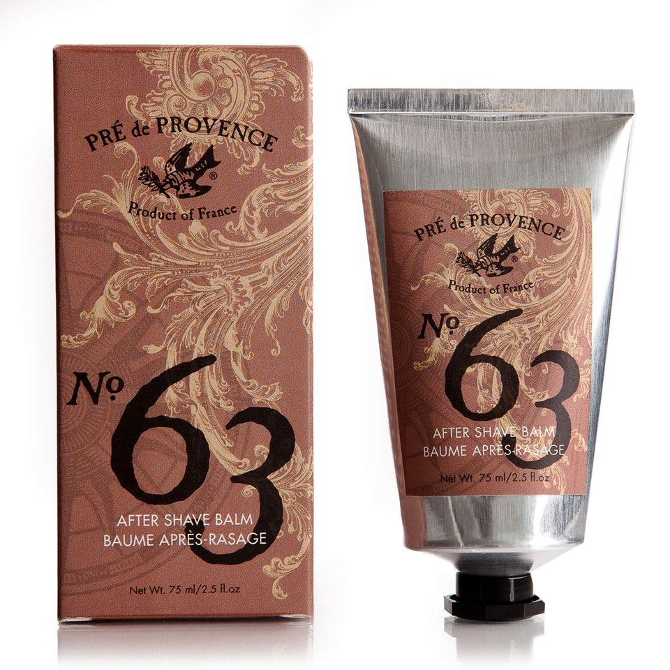 Pre de Provence No.63 after shave balm bottle closeup, smooth post-shave care.
