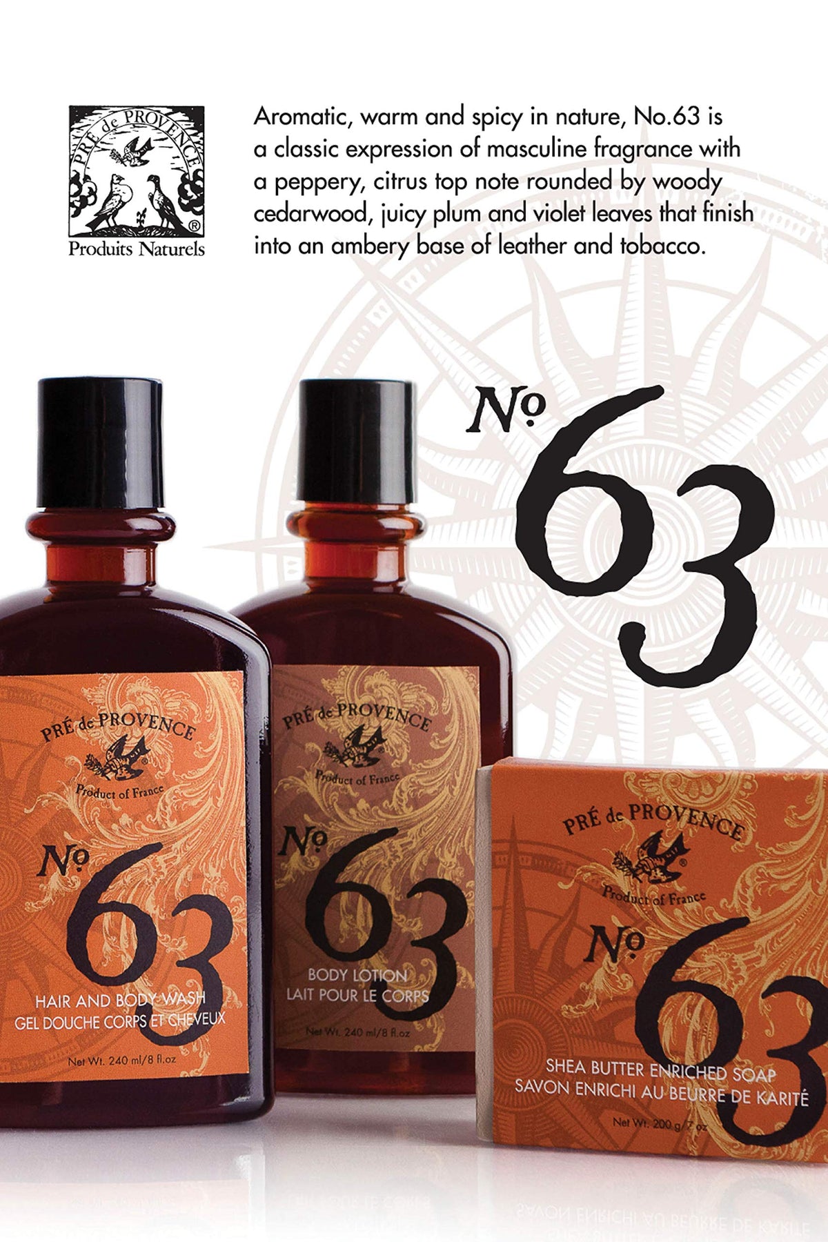 Pre de Provence No.63 cedar-plum note detail complements soft skin aroma